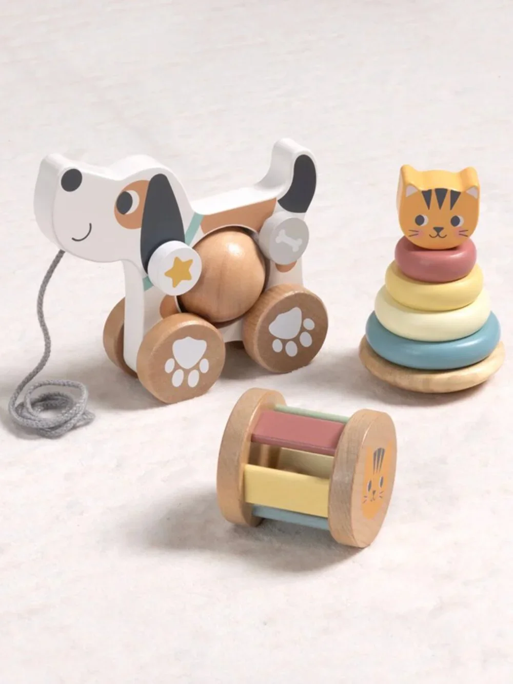 Montessori Wooden Pull Along Dog Toy & Stacking Rings Gift Set New